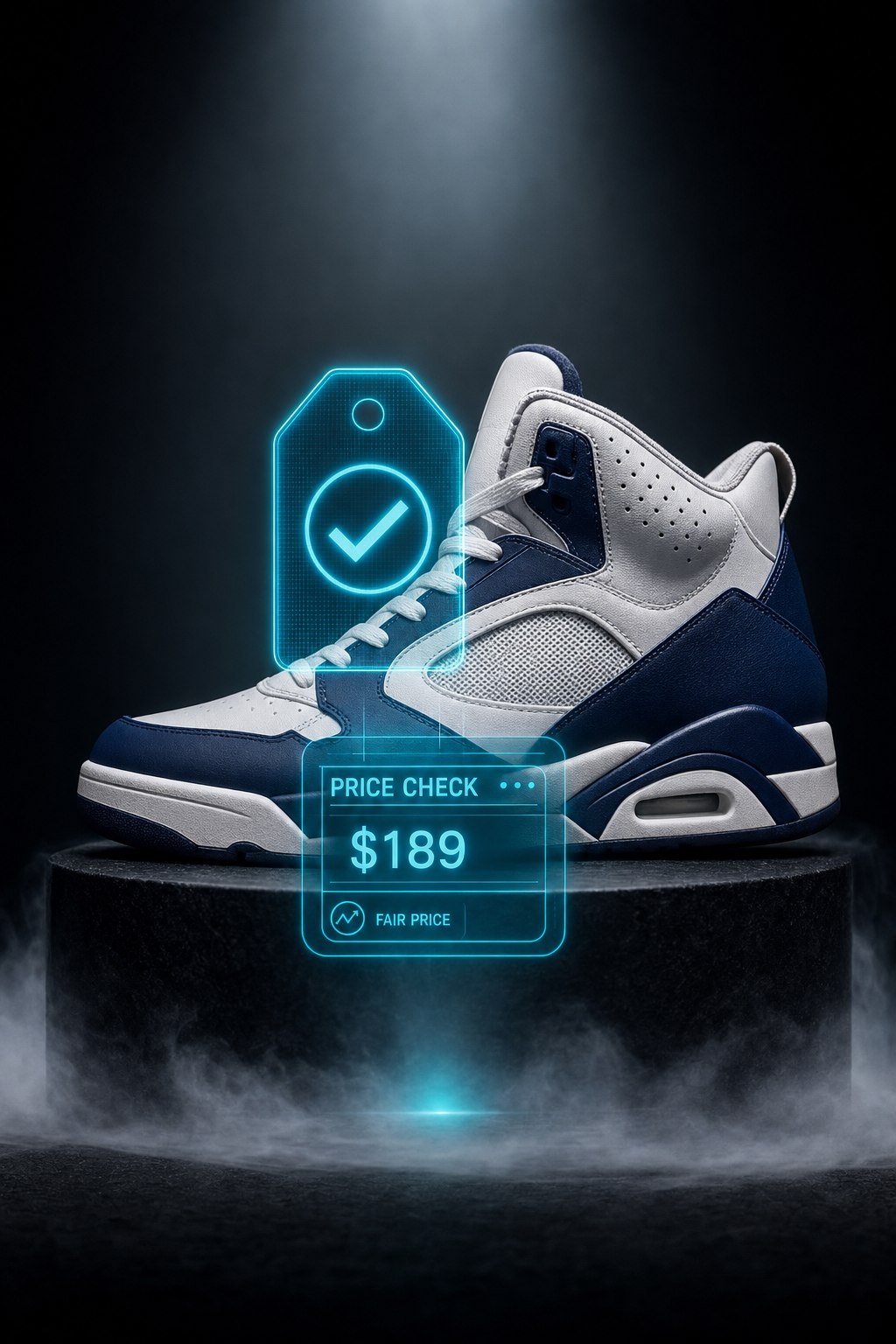A sneaker on display with a glowing TagIt price-check overlay showing a fair market price